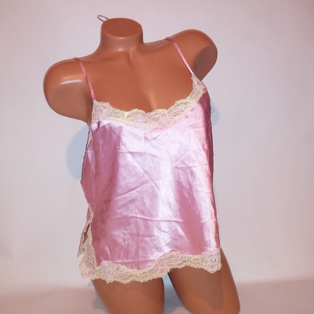 Victoria Secret Camisole Tank Top Vintage Large Pink Yellow Lace Trim Satin